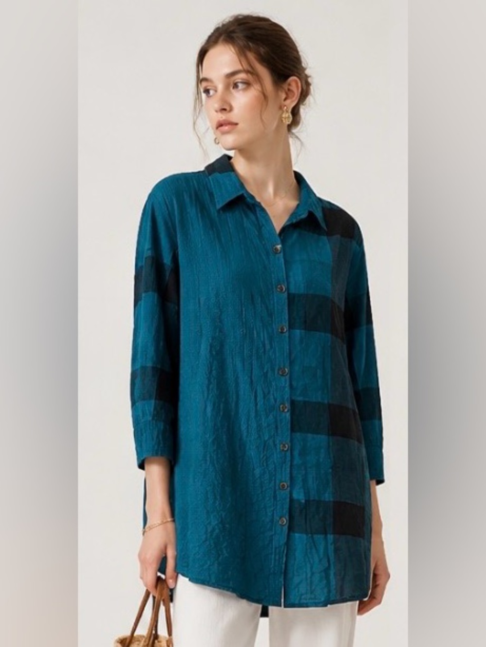 HABITAT Tunic Top Blouse Shirt Teal Black Plaid Patchwork Crinkle Fabric Boho
